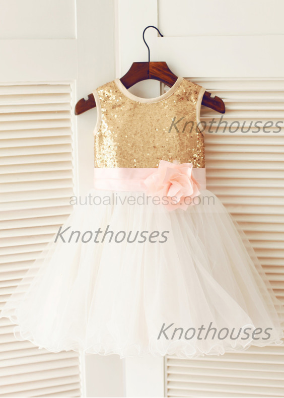 Gold Sequin Ivory Tulle With Pink Flower Sash Knee Length Flower Girl Dress